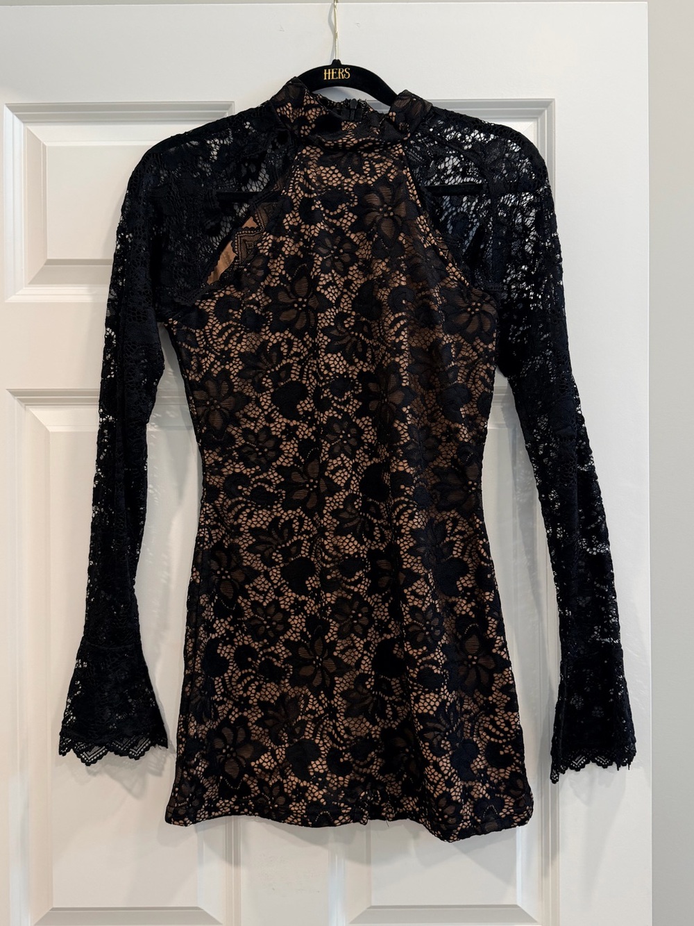 Black Floral Lace Long-Sleeve Romper with Nude Lining